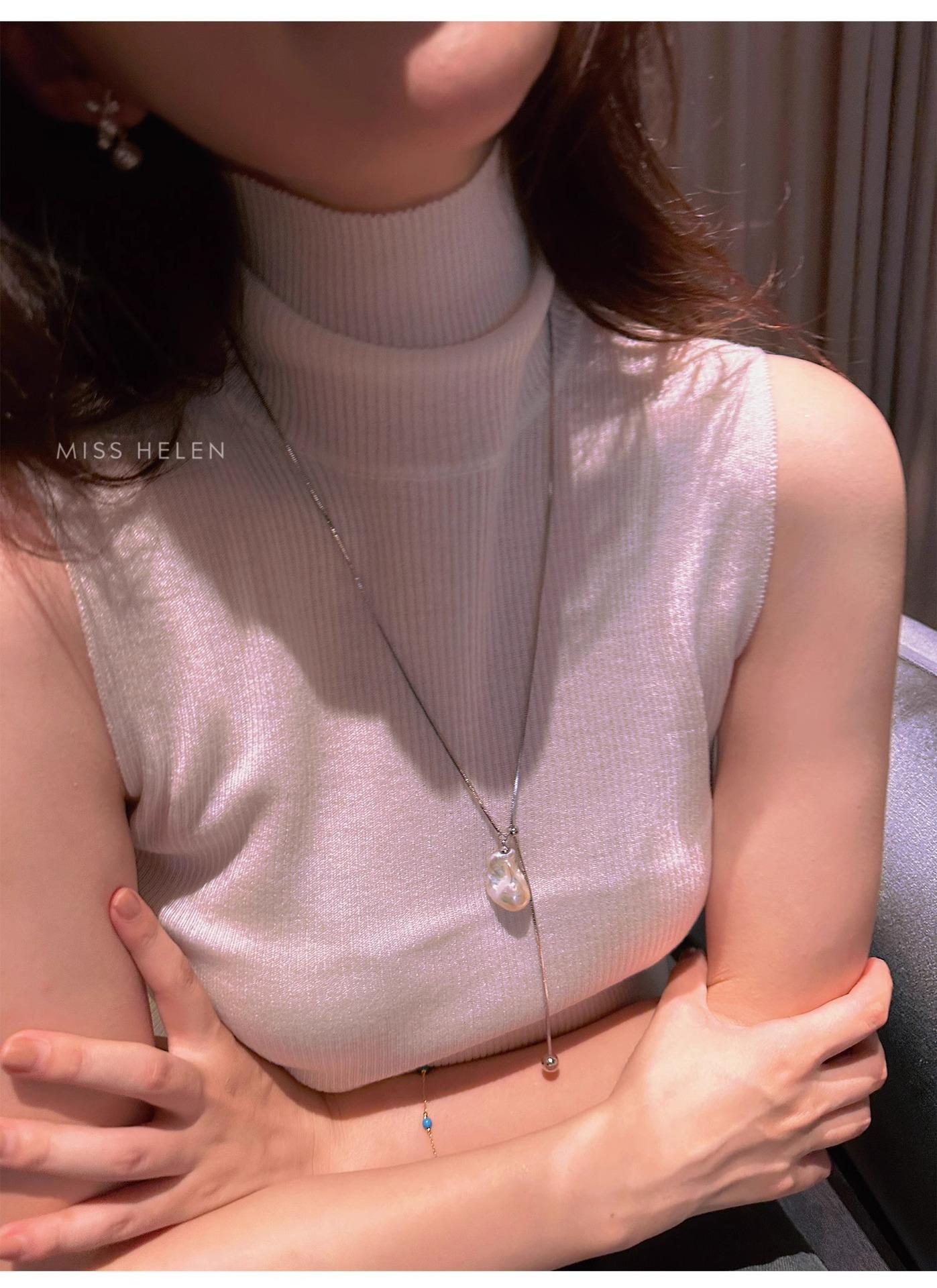 Women's Silver Gourd Bead Adjustable Necklace, Exquisite Baroque Bead Tassel Necklace Women's Silver Gourd Bead Adjustable Necklace, Exquisite Baroque Bead Tassel Necklace