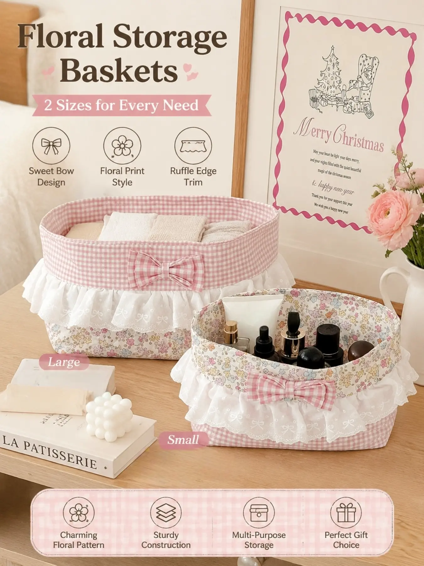 Lace Ruffle Oval Floral Storage Basket, Plaid Patchwork Fabric Organizer, Butterfly Knot Decoration, Desktop Cosmetics Home Decor