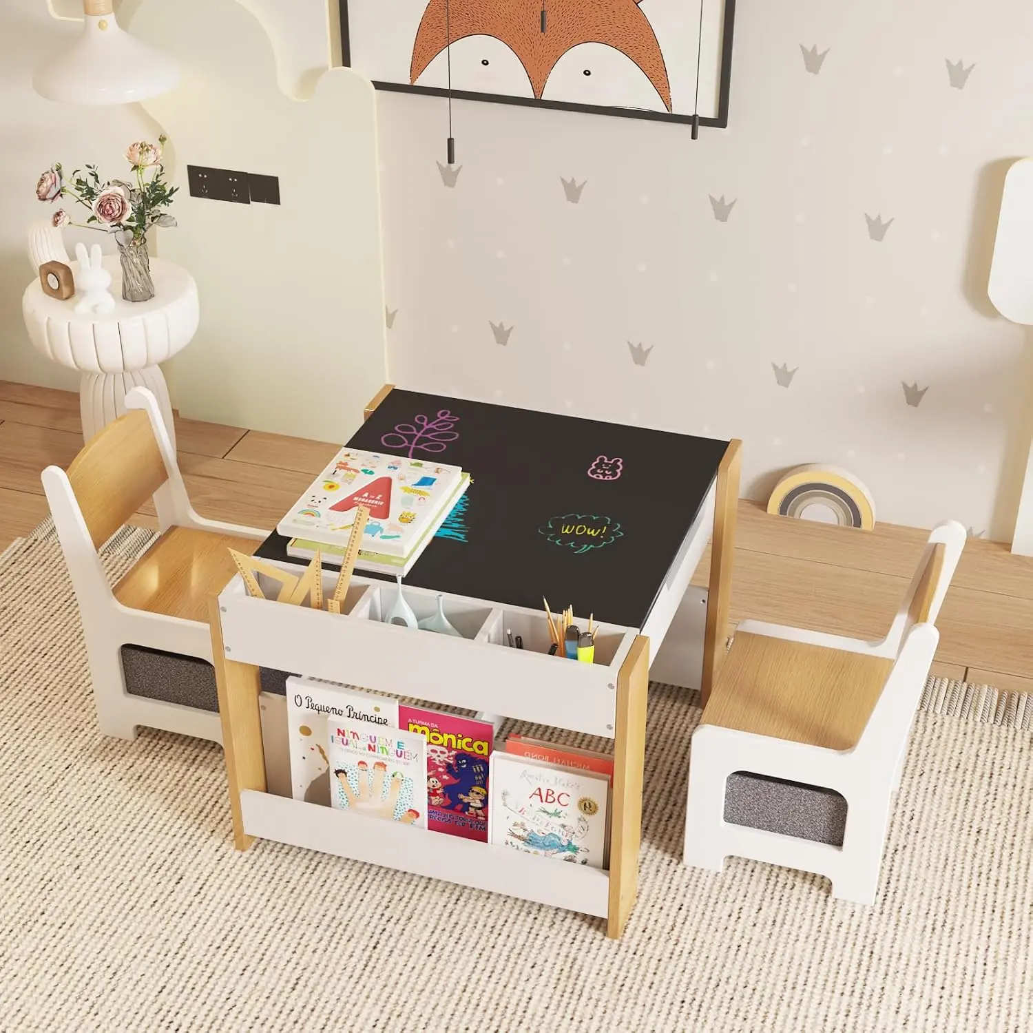 Kids Table and Chair Set, 4 in 1 Wooden Activity Table & 2 Chairs with Storage Drawer Detachable Tabletop for Toddlers Kids Drawing, Reading, Crafts, Art, Homework, Nursery, Playroom