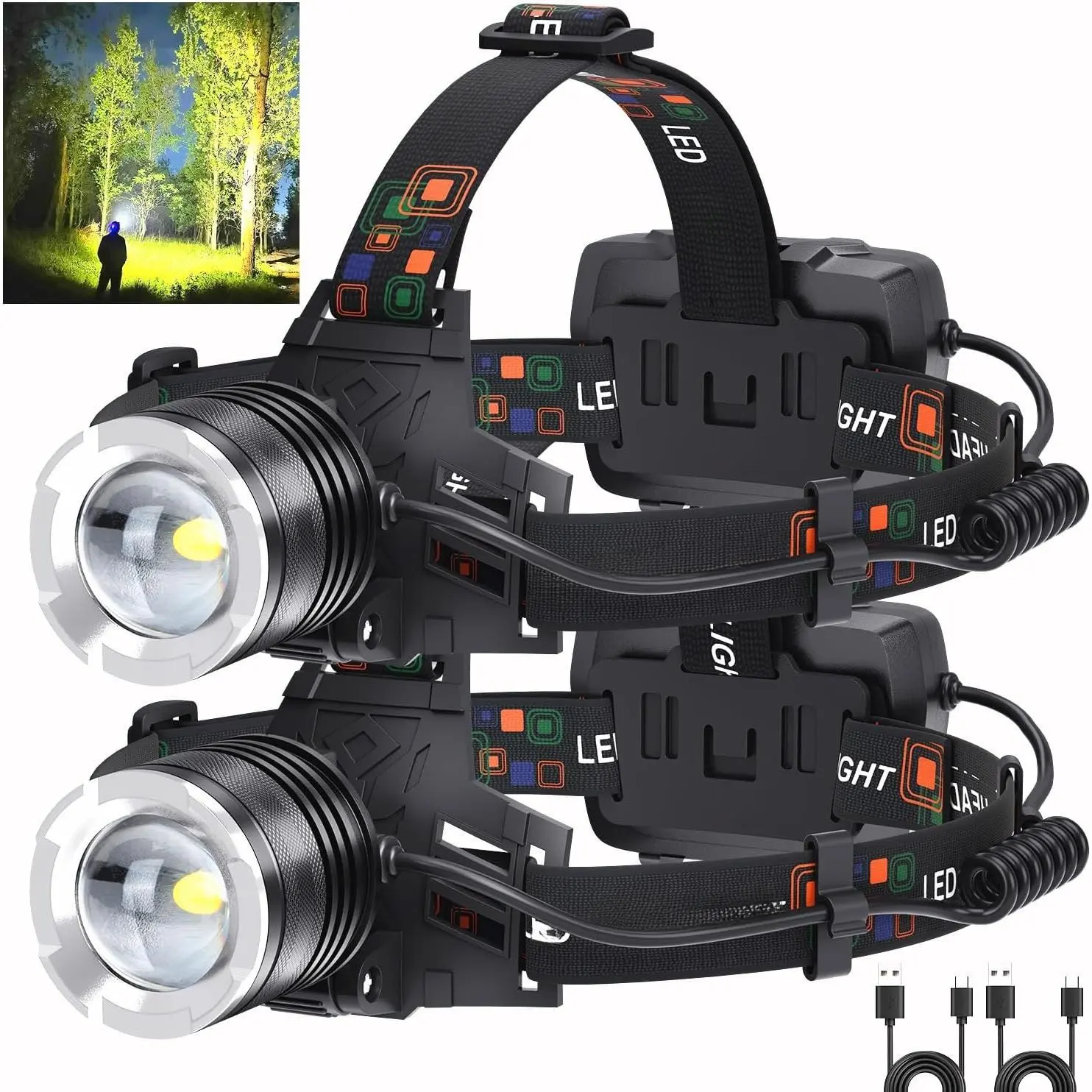 LED Rechargeable Headlamp 2 Pack, 99,000 Lumens Head Lamps (Include Βattery) Super Bright Long Distance Headlamps with 5 Mode Waterproof, 90 °   Adjustable Head Lights  Forehead Adults Outdoor Camping