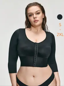 1 Count Women's Light Compression Versatile Multi Sizes Tummy Control Front Hook 3/4 Sleeve Crop Top Curve Shapewear Soft Stretch