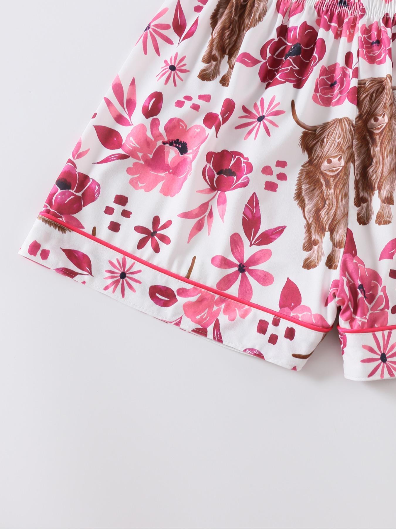 Women's Floral & Cow Print Top & Shorts Pajama Two-piece Set, Casual Comfy Short Sleeve Top & Shorts Pajama Set, Ladies Sleepwear & Loungewear for Summer, Sleep Pajamas Shorts, Womenswear