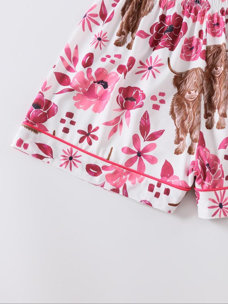 Women's Floral & Cow Print Top & Shorts Pajama Two-piece Set, Casual Comfy Short Sleeve Top & Shorts Pajama Set, Ladies Sleepwear & Loungewear for Summer, Womenswear