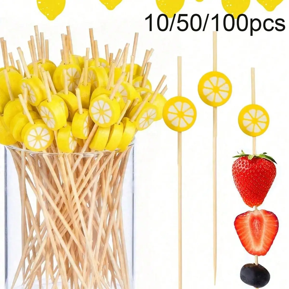 Lemon Theme Toothpick Set, 10/50/100 Pieces, Natural Bamboo, 4.7 Inches, Perfect for Summer Parties, Holidays, Graduations, Desserts, Fruit Platters