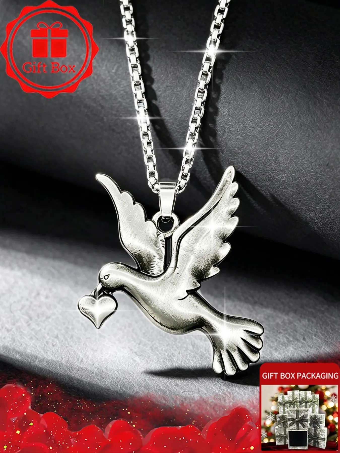 Aesthetic Peace Dove Necklace with Gift Box, Vintage Silver Flying Bird Holding Heart Pendant Choker, Minimalist Cute Jewelry for Men Women, Unisex Romantic Outfits Accessories, Birthday Christmas Valentine Anniversary Graduation Gift for Girlfriend Her
