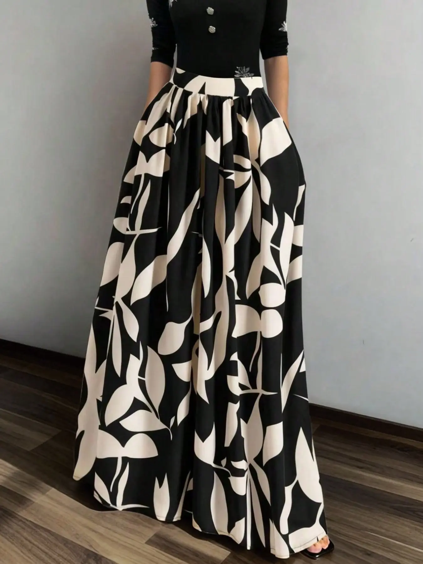 Artistic Abstract Leaf Print Midi Skirt, High Waist A-Line Design, Flattering Fit, Perfect for Vacation, Casual & Commute Wear