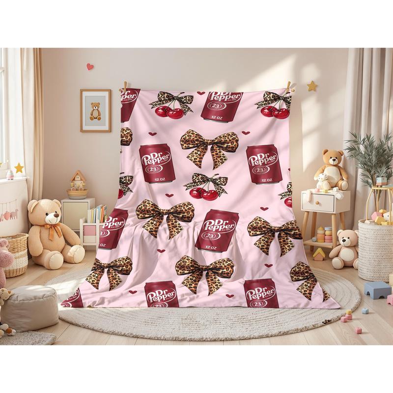 Dr Pepper Flannel Leopard print bow Throw Blanket cozy soft fluffy blanket decorative giftable soft fleece blanket figure print slogan reversible fluffy