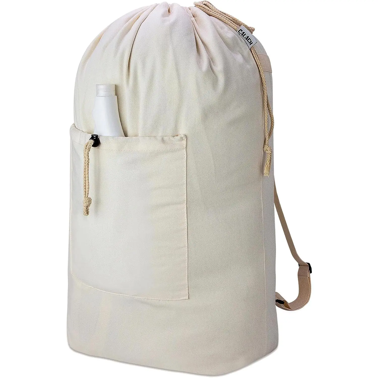 Laundry Bag Backpack, Canvas Laundry Bag with Straps & Drawstring Closure Washable Dirty Cloth Hamper Bag with Large Front Pocket for College, Travel, Laundromat, Camping (Beige)