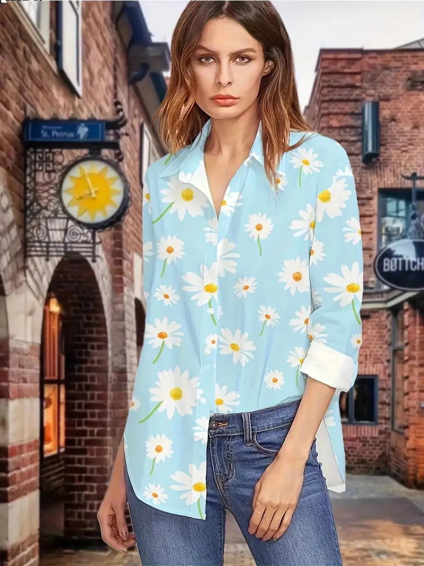2026 New Women's Blue Base Daisy Print Long Sleeve Blouse, Soft Youthful Turn-Down Collar, Flowy Satin Shirt, Casual Style