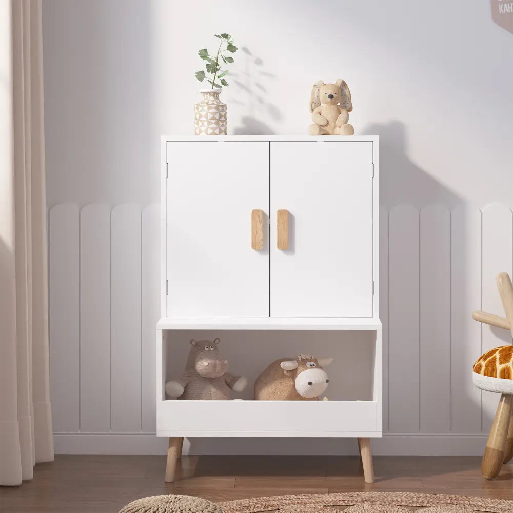 Kids Toy Storage Cabinet with Doors and Open Shelf, Modern Wooden Toy Organizer for Toddlers, White Kids Bookshelf with Natural Wood Legs, Nursery Storage Cabinet, Playroom Bookcase, Children's Room Furniture for Toys, Books, Bins and Home Organization