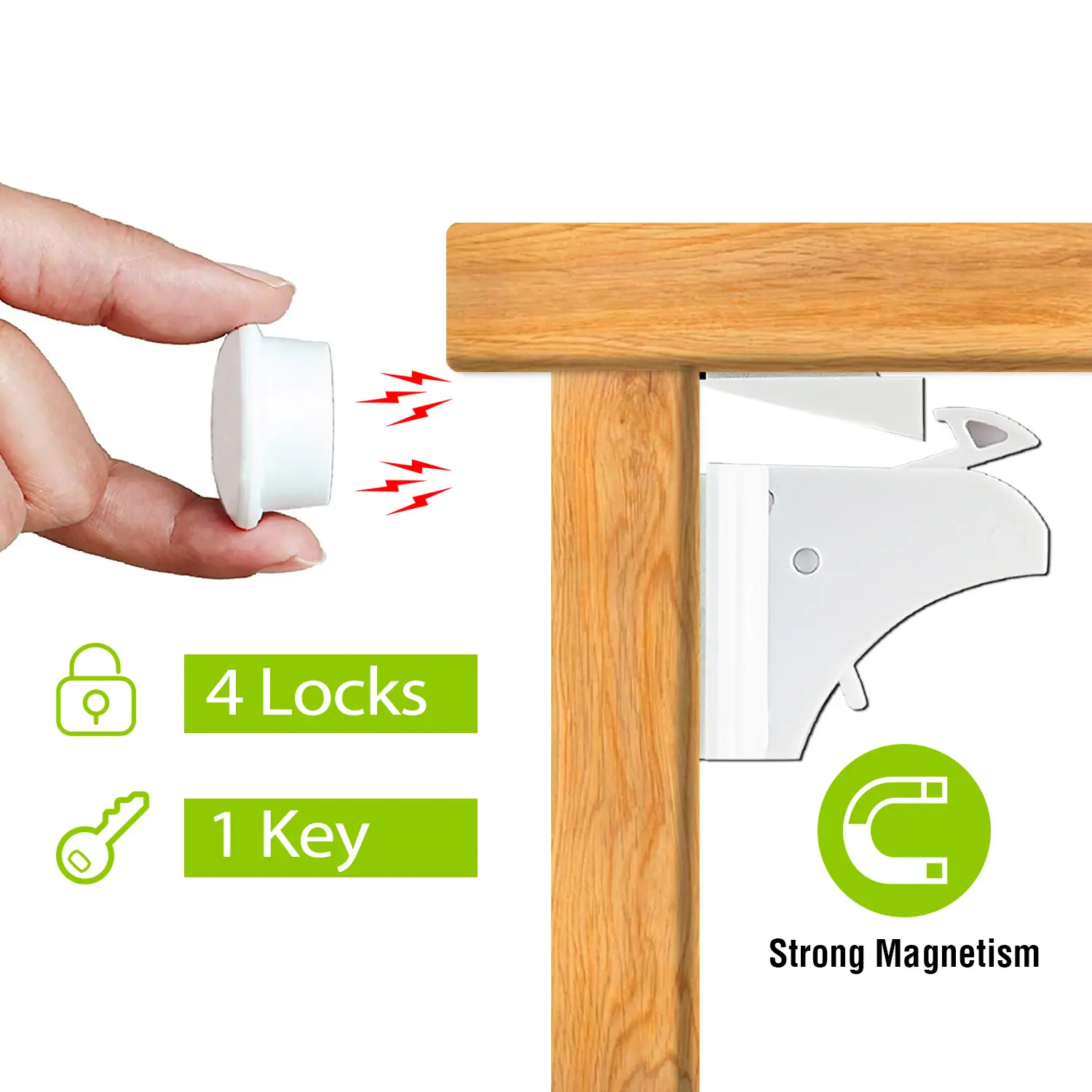 4Pcs 3M Adhesive Magnetic Child Safety Adjustable Locks Kit, ABS Plastic Latches with Mushroom Key, Strong Magnetism for Kitchen Drawers, Drawer Lip Compatible