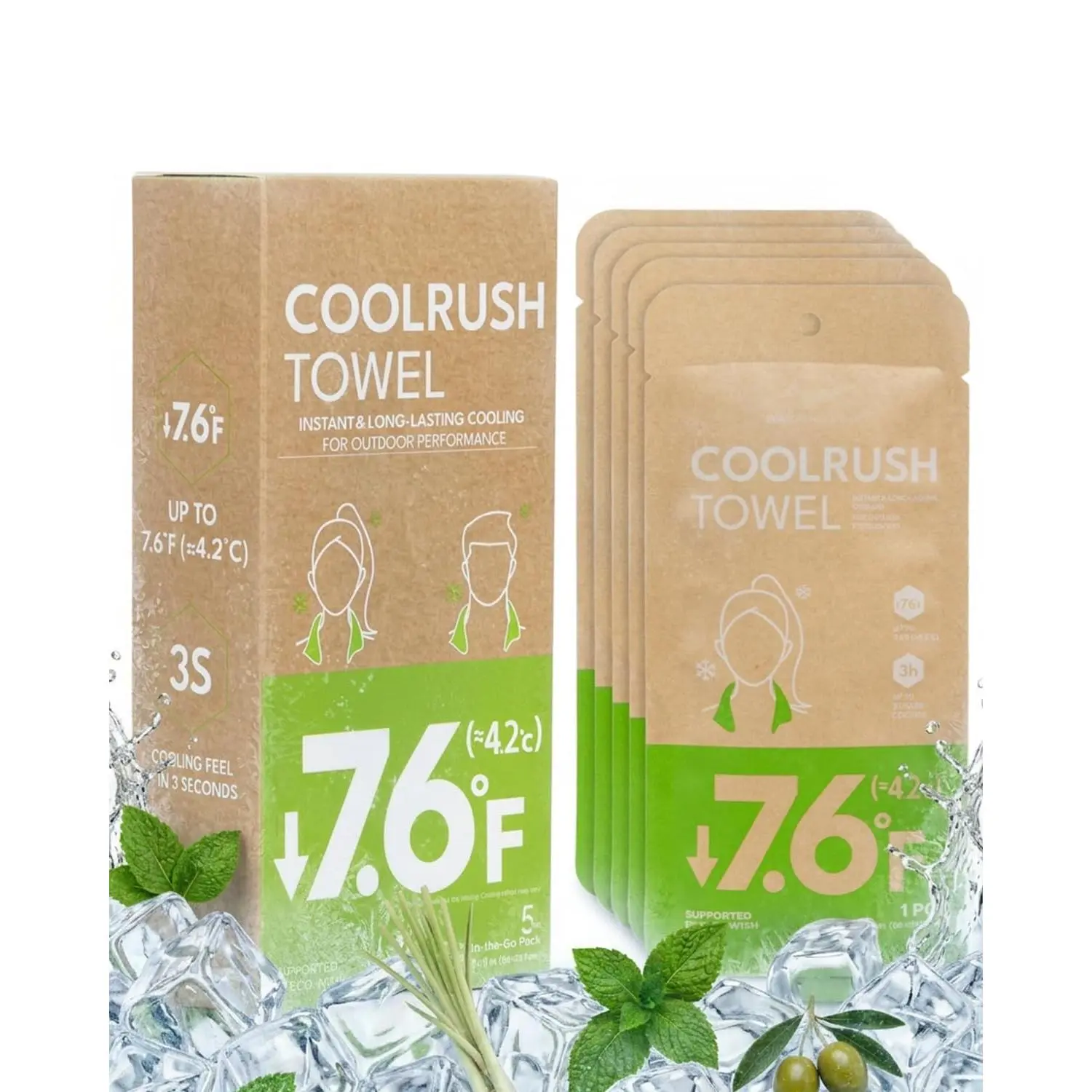 CoolRush Towel with  Mint Extract,  3-Second Cooling Towel,   Cooling Wipes for Summer Heat, -Free, for Running, Cycling, Gym, Outdoor Activities(5 Pack)