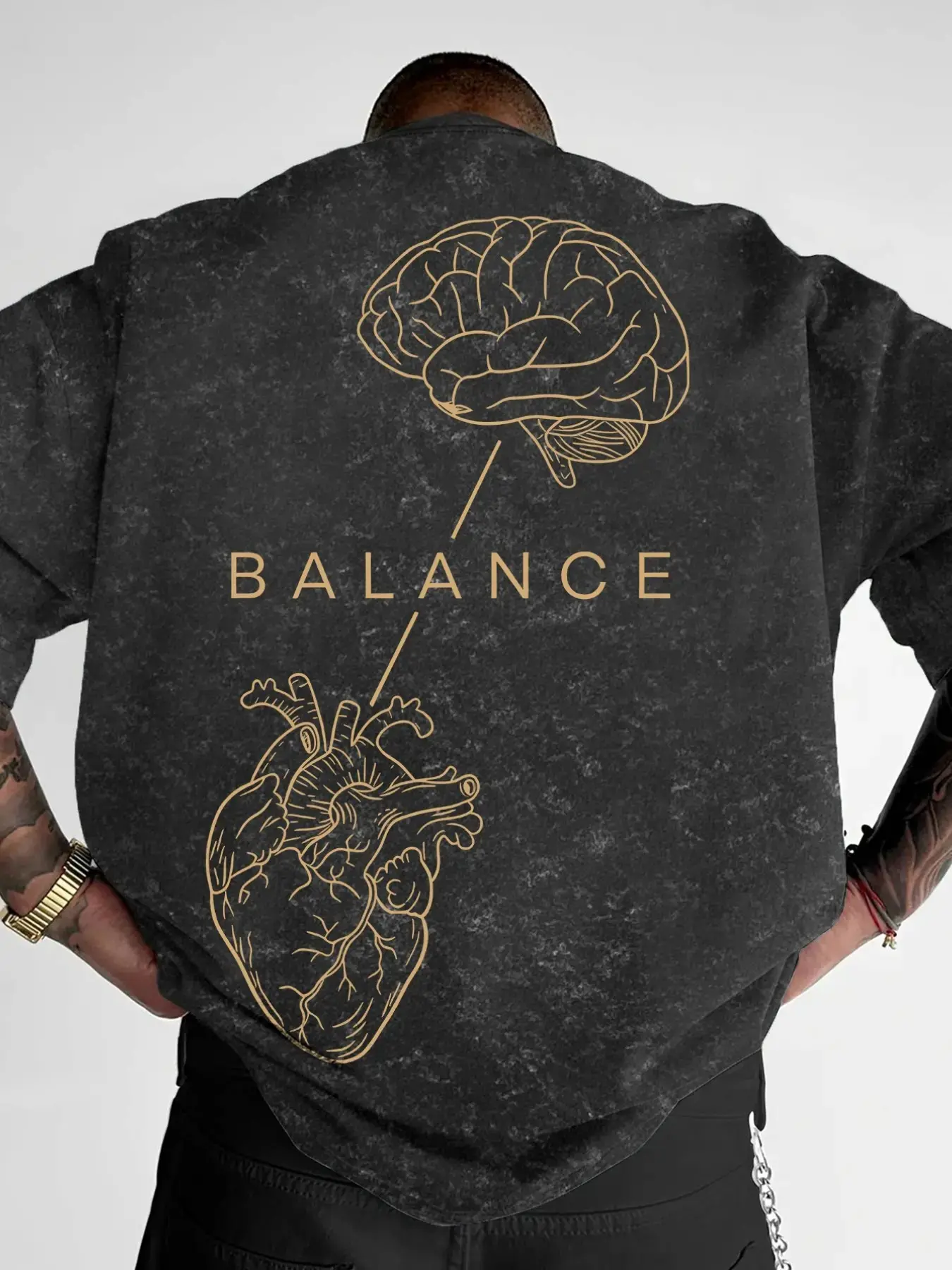 Men's "BALANCE" Brain & Heart Print Washed T-Shirt, Casual Streetwear Short Sleeve Tee, Minimalist Graphic Top, Menswear #   BalanceTee #   BrainHeartPrint #   WashedStreetwear #   MinimalistTShirt #   TikTokMadeMeBuyIt