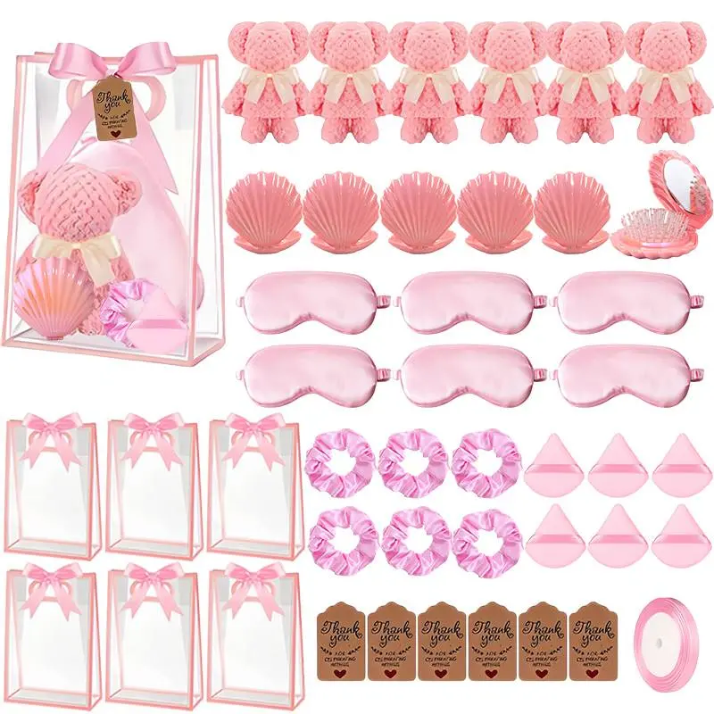 43pcs Organized Party Favor Handheld Gift Pack for 6 Guests & Multiple Events - Includes Handkerchief, Eye Mask, Comb, Hair Tie, Makeup Puff, Thank You Card, Handbag - Ideal for Baby Shower, Wedding, Six Guests return