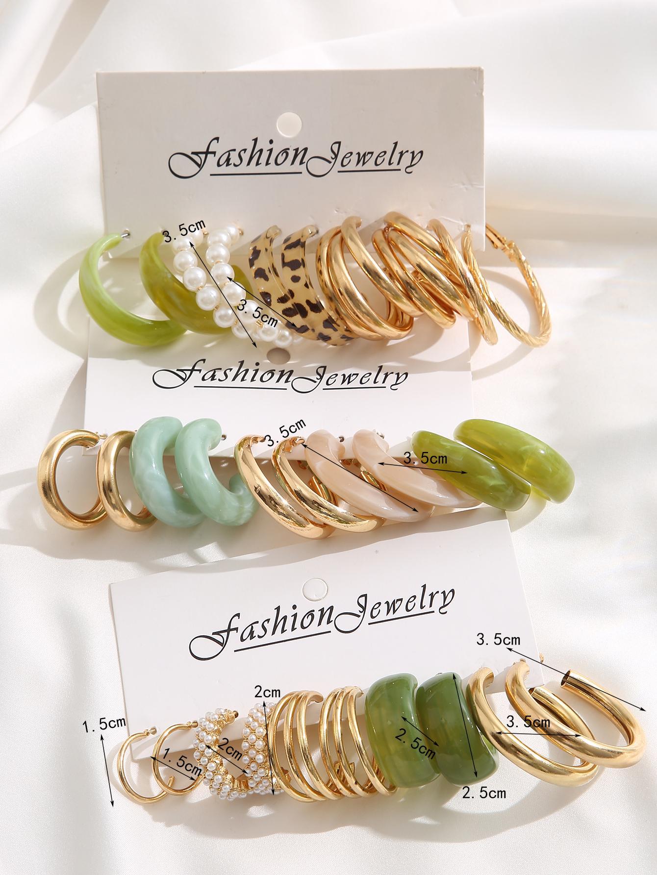 Faux Pearl Decorated Hoop Earrings, 15 Pairs Elegant Colorblock Design Fashionable Hoop Earrings, Fashion Accessories For Women