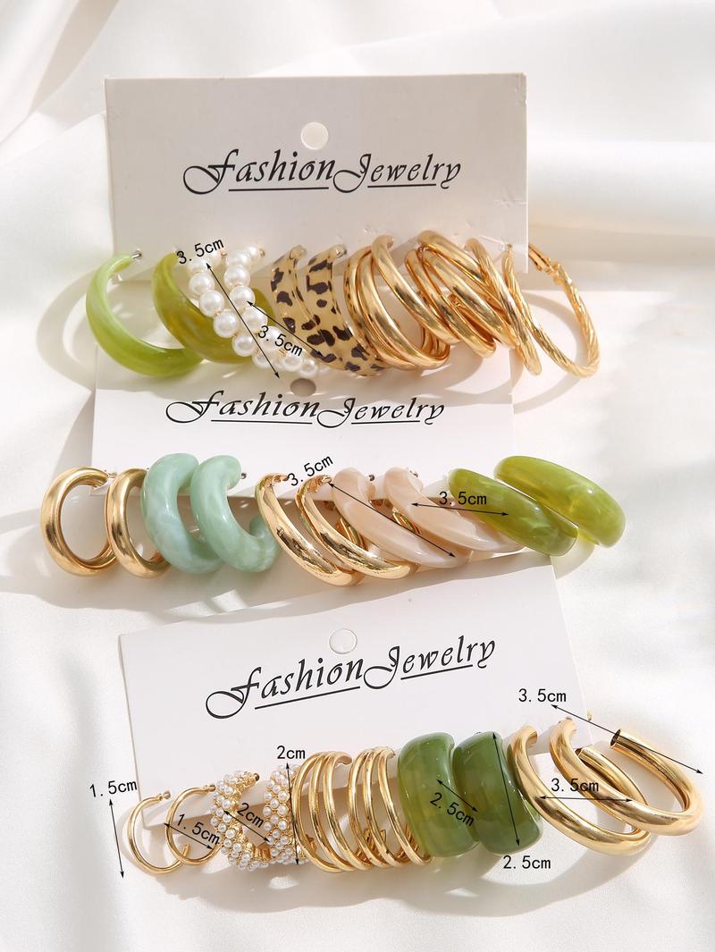 Faux Pearl Decorated Hoop Earrings, 15 Pairs Elegant Colorblock Design Fashionable Hoop Earrings, Fashion Accessories For Women