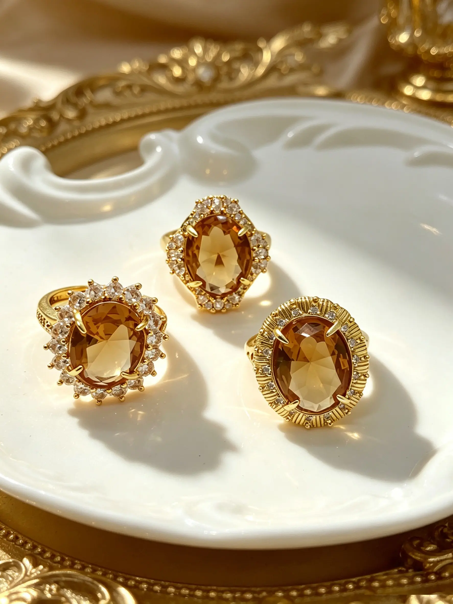 Vintage Oval Citrine CZ Halo Bridal Statement Ring 18K Gold Plated Sunflower Textured Frame Paved Clear Cubic Zirconia Waterproof Stainless Steel Luxury Evening Party Wedding Jewelry Gift for Women