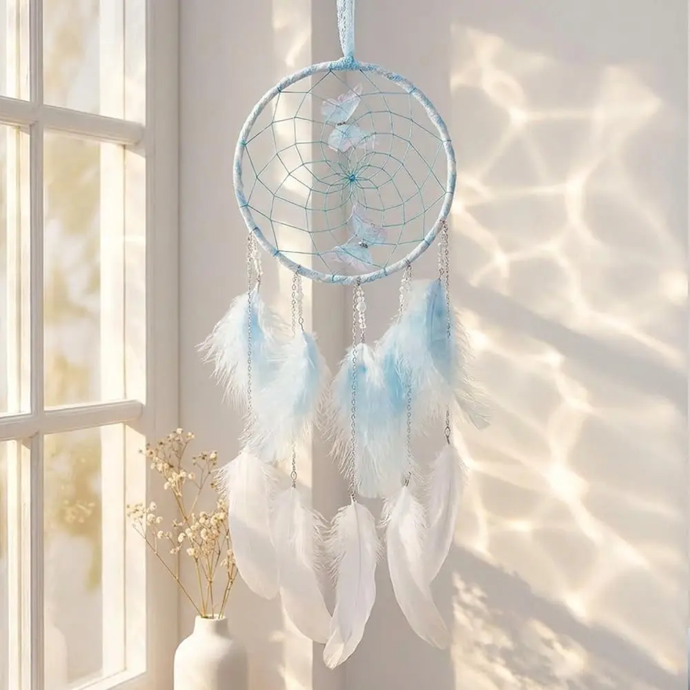 Handmade Blue Butterflies Dream Catcher - Plastic, Cotton, Colorful Feathers Hanging Decoration, Girls' Wall Art Decor, Ideal for Bedroom, Gift for Home Supplies, Wall Decor