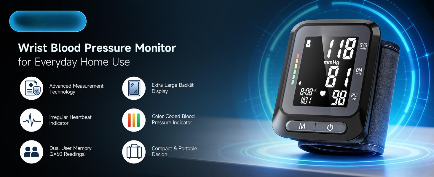Wrist Blood Pressure Monitor, Blood Pressure Cuff Wrist for Home Use, Automatic Digital BP Monitor with Large Backlit Display, 2 User 120 Memory, Adjustable 5.3"-8.5" Cuff