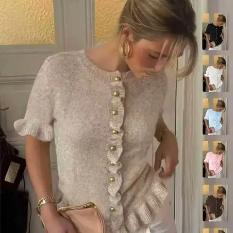 Women's Spring Summer Vintage Fashion Casual Round Neck Short Sleeve Knitted Cardigan Knitwear, Ruffle Design and Metal Buttons, Elegant Soft Sweater Crewneck