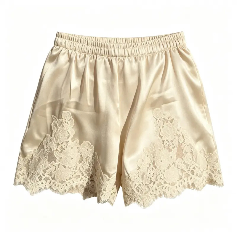 Women Elegant Lace Hem Wide Leg Shorts, Spring Autumn Satin Elastic Waist Casual Flow Hot Pants, Chic Commuter Lace Trim Loose Shorts for Daily Vacation Matching