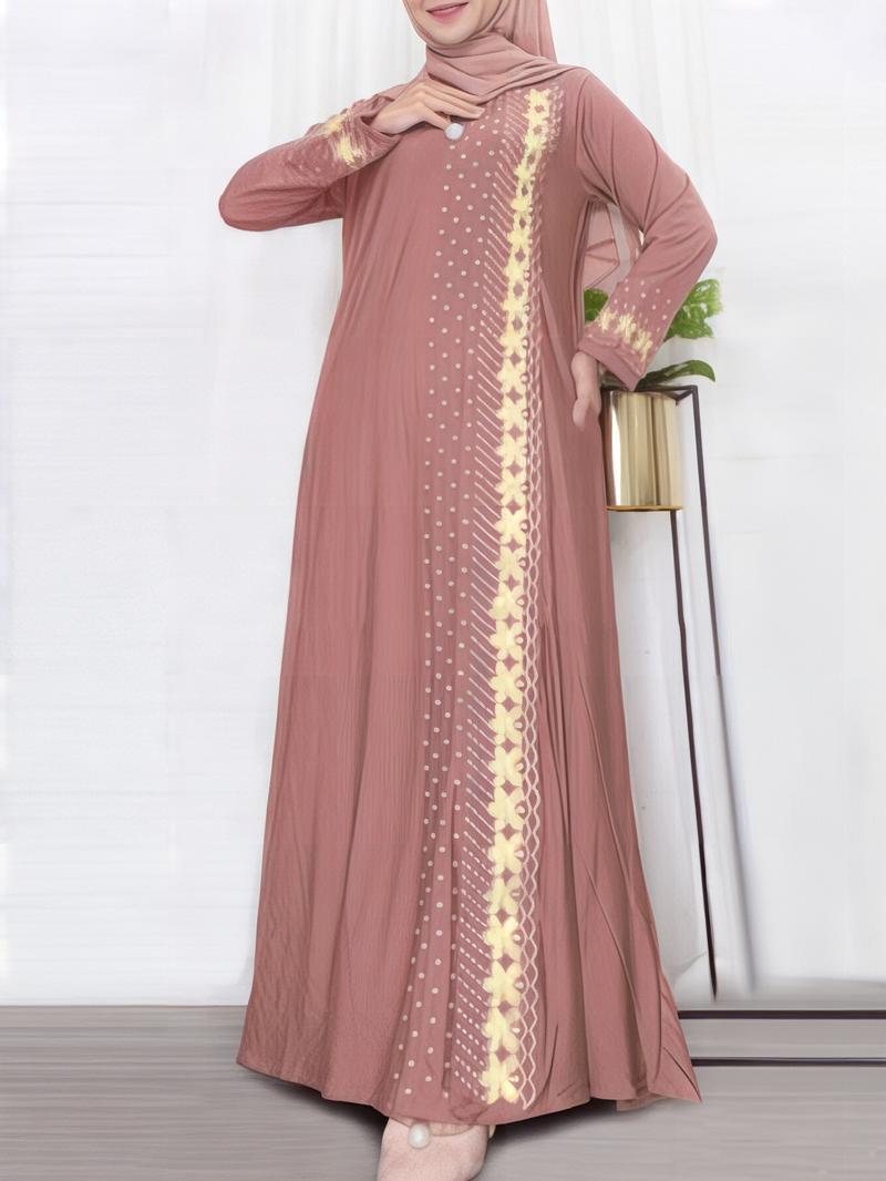 Women's Floral & Dot Print Long Sleeve Maxi Dress, Modest Round Neck Arabian Dress for Daily Wear, Ladies Islamic Clothing for All Seasons