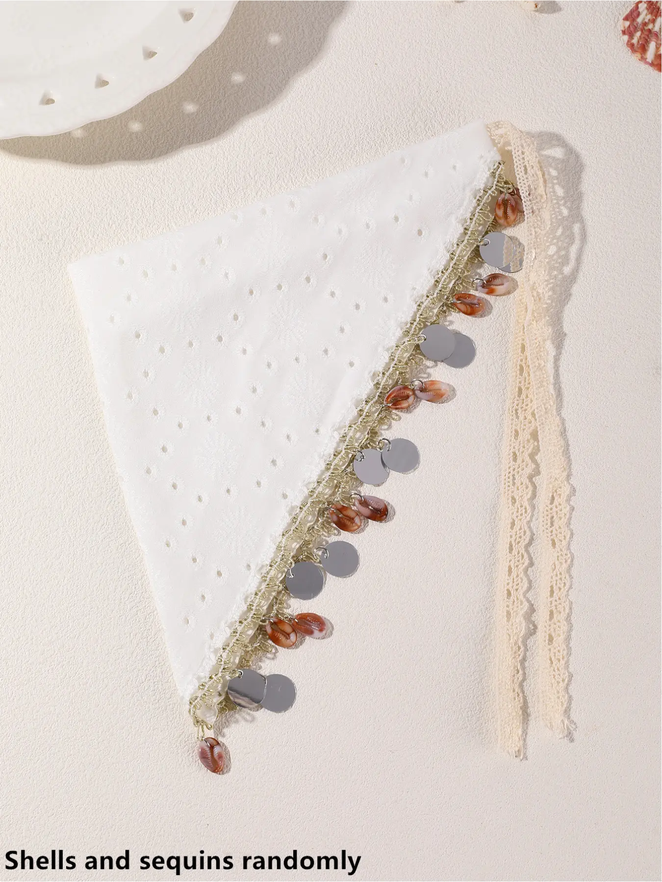 1pc Boho Aesthetic Textured Laser-Cut Tie-Back Triangular Hairbands with Classic Cream Laser-Cut Wide-Band Design to Instant Volume Boost & Natural High-Crown Visuals, Combined with Exquisite Faux Marine Charms & Shimmering Flakes for Fluid Motion