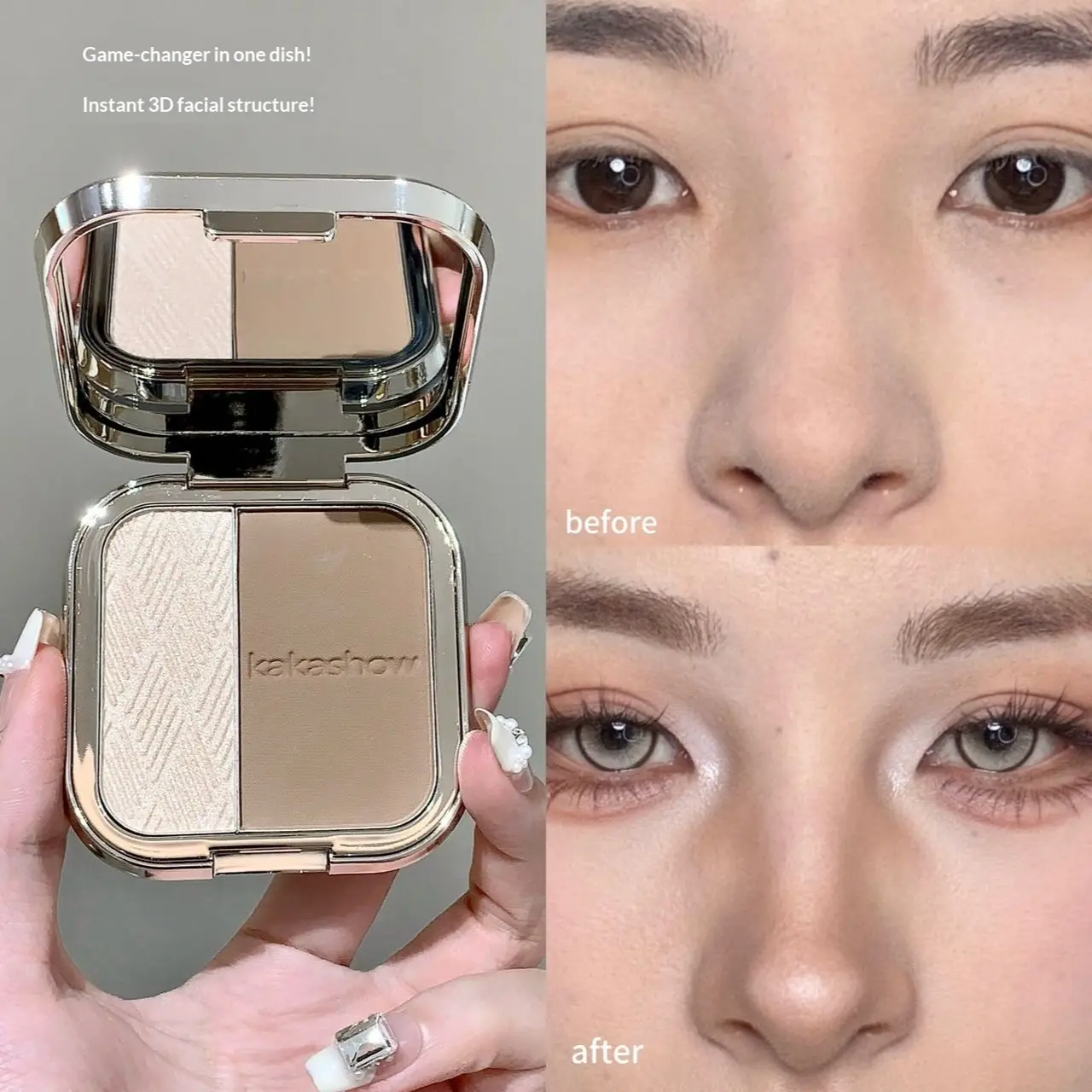 Kakashow Dual-Color Highlighter Concealer Palette, Nose Shadow Side Shadow, Face Highlight, Matte Finish, Natural Color, Beginner Friendly