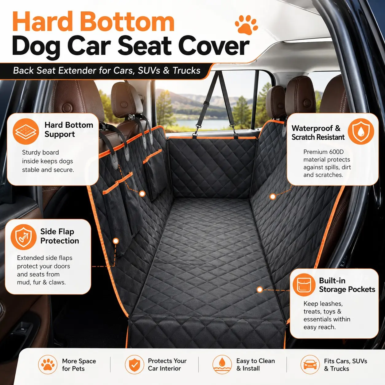 Hard Bottom Dog Car Seat Cover, Waterproof Back Seat Extender with Side Flaps, Storage Pockets & Seat Belt Openings for Cars, SUVs & Trucks