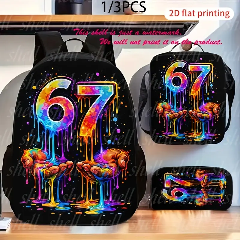 1pc/3pcs 67 Color-Pattern 2D Flat Printed Backpack Set Pack - Lightweight School Laptop Backpack with Pencil Case & Zipper Crossbody Bag, Strong-Functionality Commuter Bag for Work Trips