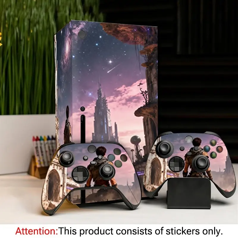 Xbox Series X Sticker Set, Sci-Fi Wasteland Castle Adventure Design, Waterproof Vinyl, Host & Controller Stickers, Game Console Protection, PVC Waterproof Stickers