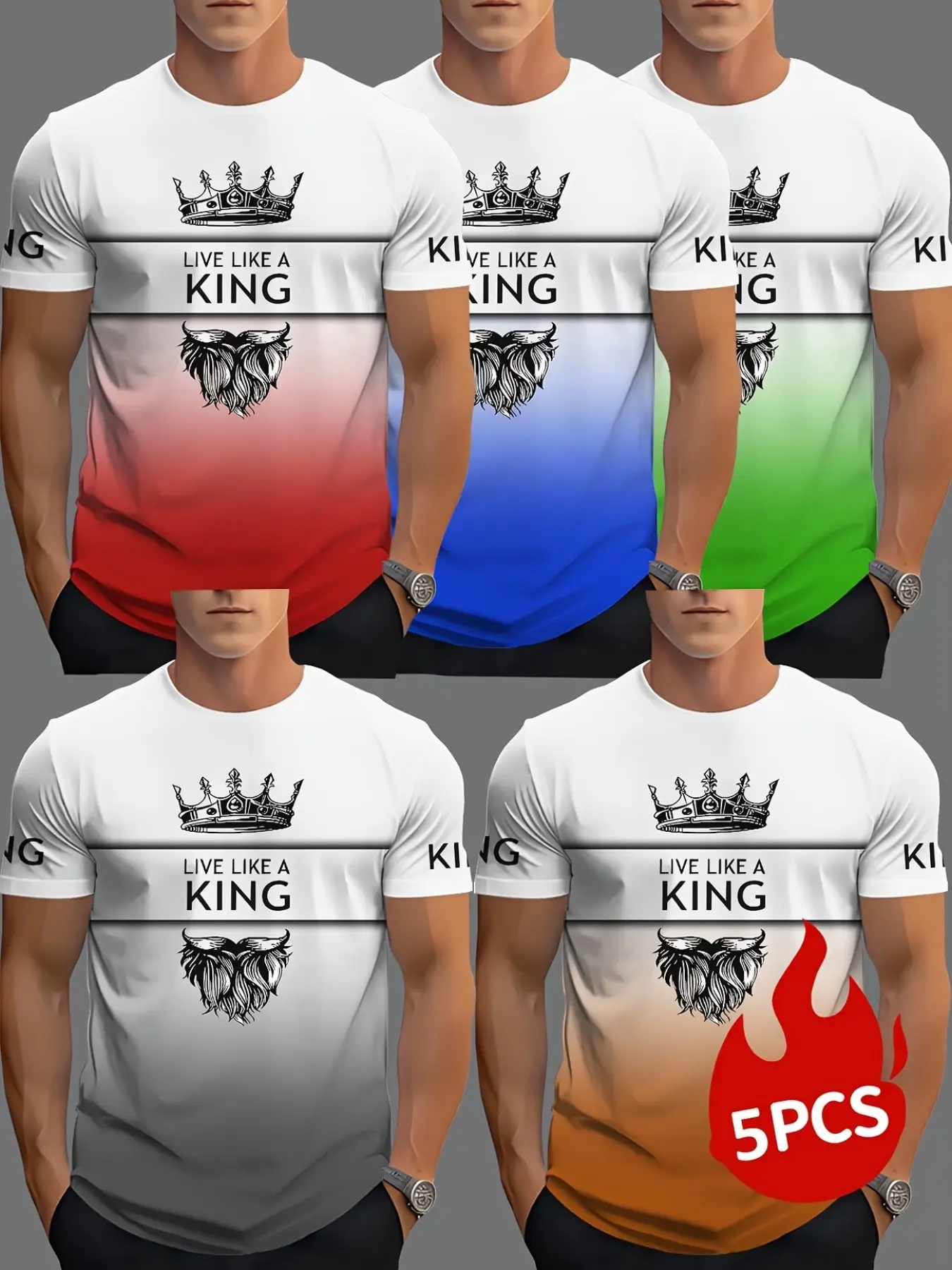 5-Pack Men's Creative T-Shirts, 3D Digital Print Gradient Letter Short Sleeve, Casual Slim-Fit Long T-Shirt for All Seasons