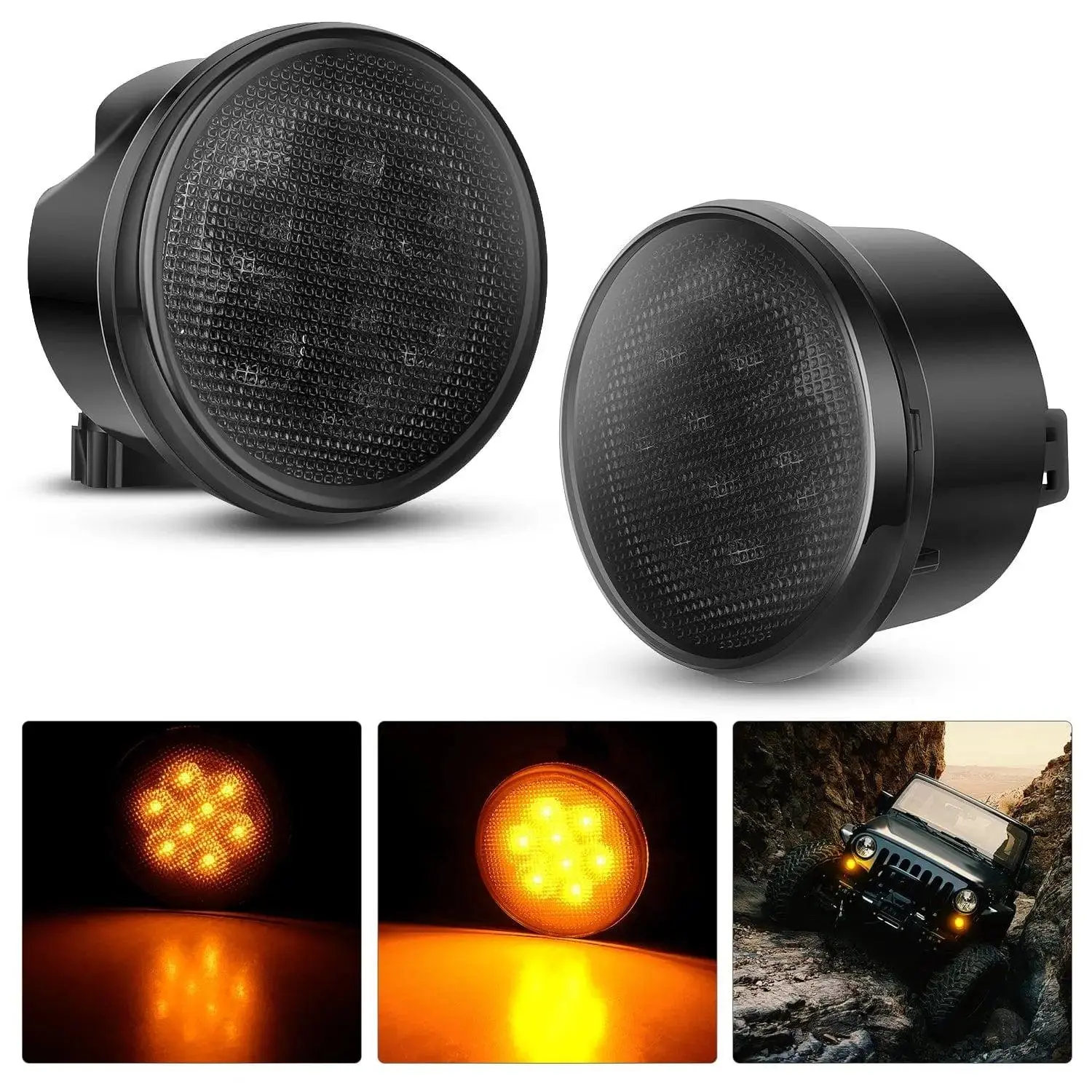 Nilight Front Turn Signals for 2007-2017 Jeep Wrangler JK/JKU, 8LED Smoked PC Lens Amber Glow Plug-In Clip-On Daytime Run Waterproof Grille Clearance Indicator Lights
