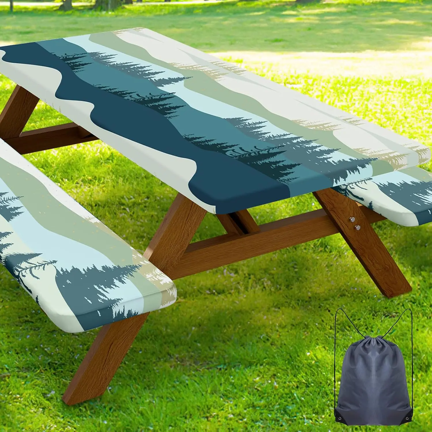 Picnic Table Cover with Bench Covers, Waterproof Elastic Fitted Tablecloth for 6 Foot Tables, Washable Polyester Tablecloths for Camping, Indoor & Outdoor (Green Blue, 30x72 Inch 3-pc Set)