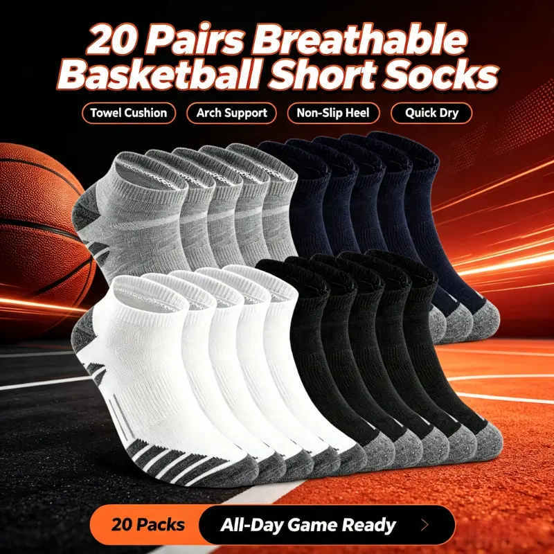 20 Pairs Breathable Basketball Short Socks, Terry Cushioned with Arch Support, Non-Slip Heel Grip, Quick-Dry, Great for Training, Games, Gym, and Everyday Casual Outfits. sohochic