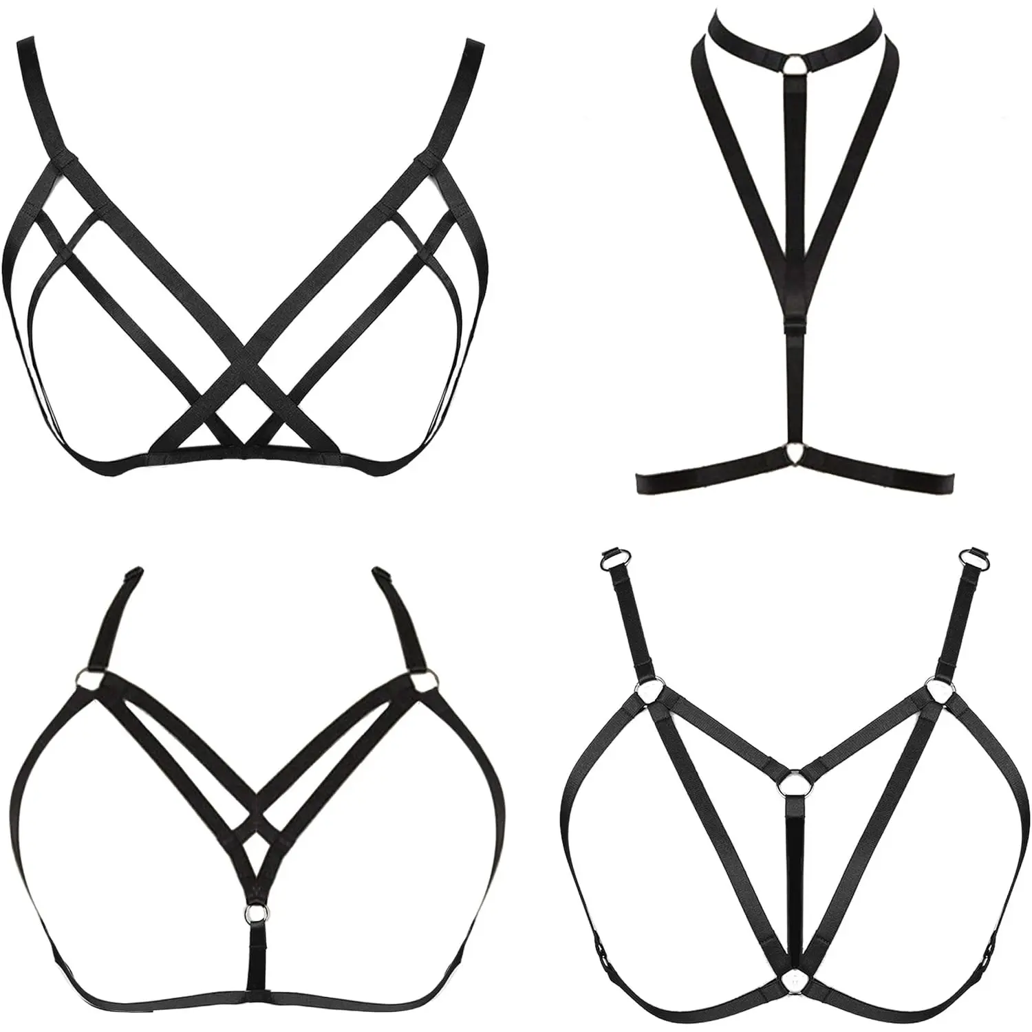 4 Pcs Women’s Strappy Cage Body Harness Set, Sexy Adjustable Strappy Bra Harness, Gothic Punk Layered Outfit Accessories, Club Rave Party Fashion Body Jewelry for Women