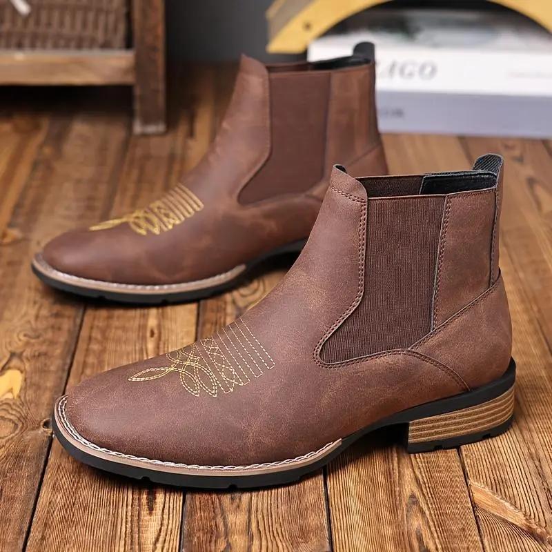 Men's Western Embroidered Chelsea Ankle Boots, Pull-On Elastic Gusset, Cowboy Style Casual Work Boots for American Men