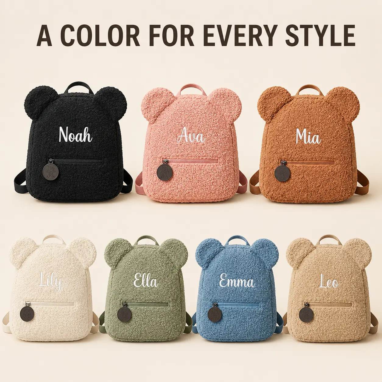 Women's Personalized Embroidered Mini Nylon Backpack - Custom Name, Bear Ear Design, Multiple Colors, Zipper Closure, Ideal for School/Outings