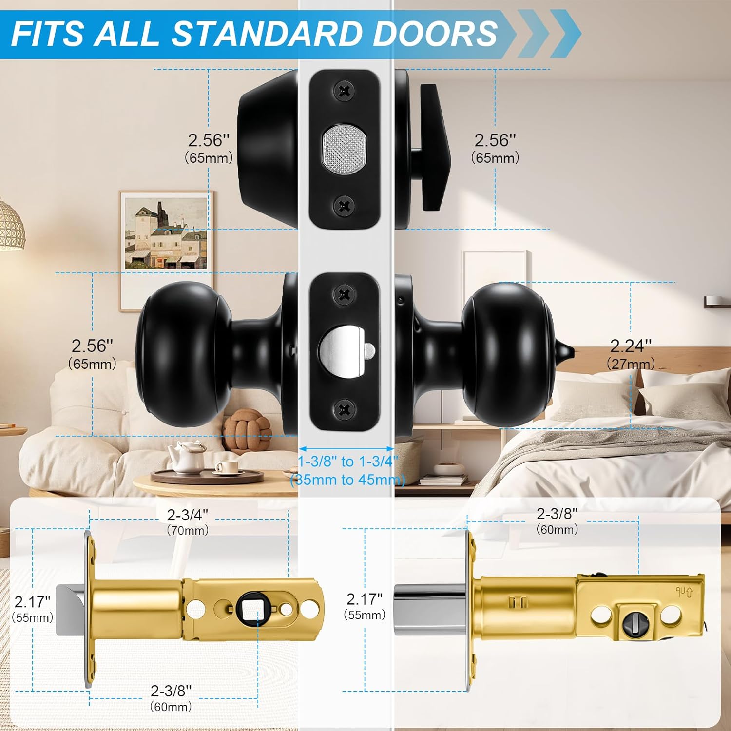 2 Pack Front Door Lock Set Matte Black,Exterior Door Lock Set with Deadbolt,Single Cylinder Deadbolt Lock and Door Knob Set,Keyed Alike Door Knobs with Lock&,Round Ball Entry Door Lockset