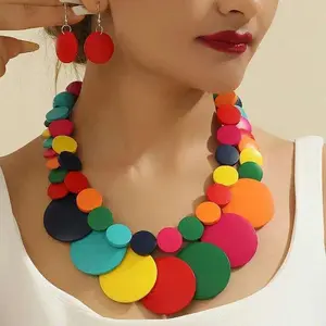 Women's 2025 Trend African Nigerian Ethnic Jewelry Set - Boho Double-layer Colored Geometric Round Wooden Beads Necklace & Earrings for Female Daily Wear