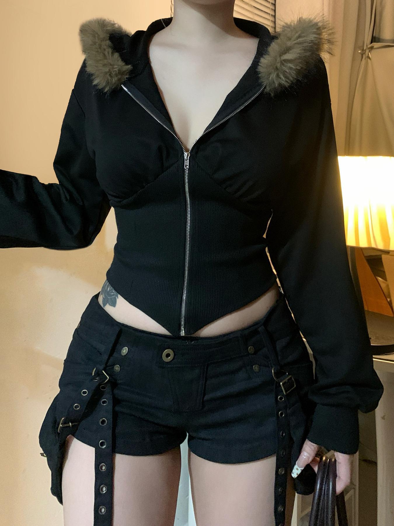 Women's Zip Up Tight Hoodie Jacket, Street Fashion Casual Long Sleeve Outerwear for Daily Outdoor Wear, Women Clothing for Fall & Winter