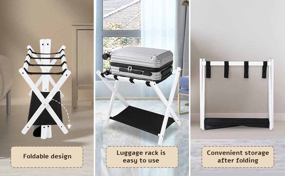 Babion Folding Luggage Rack for Guest Room 2 Pack, luggage Racks for Suitcase Stand with Nylon Straps, Luggage Stand Double Tiers Bamboo Luggage Holder for Bedroom,Hotel, No Assembly On-Site