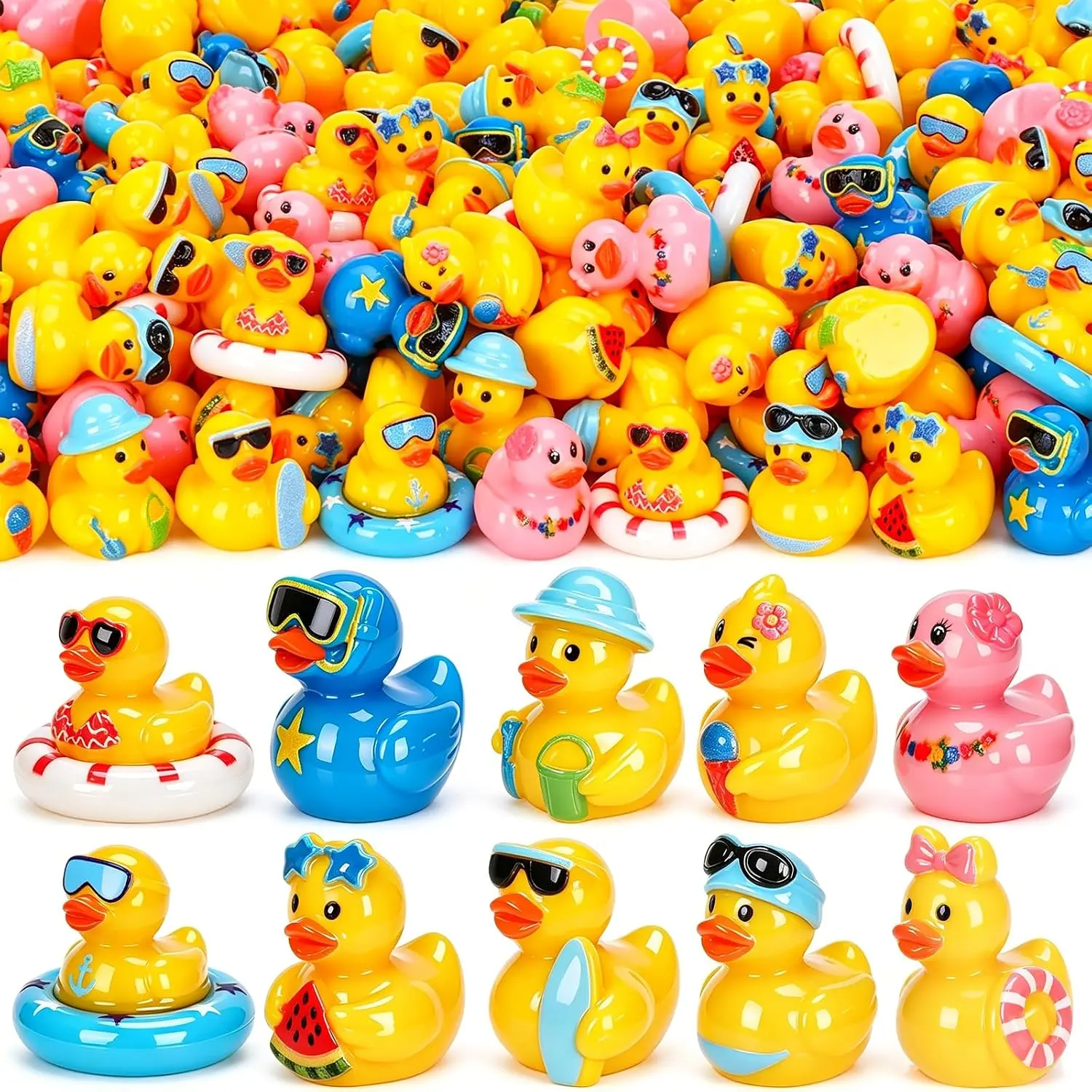 120 Pcs Summer Mini Resin Ducks 10 Styles Hawaii Beach Tiny Cruise Ducks to Hide Miniature Duck Figurines for Summer Swimming Pool Party Cruise Ship Game DIY Craft Cake Aquarium Desktop Decor