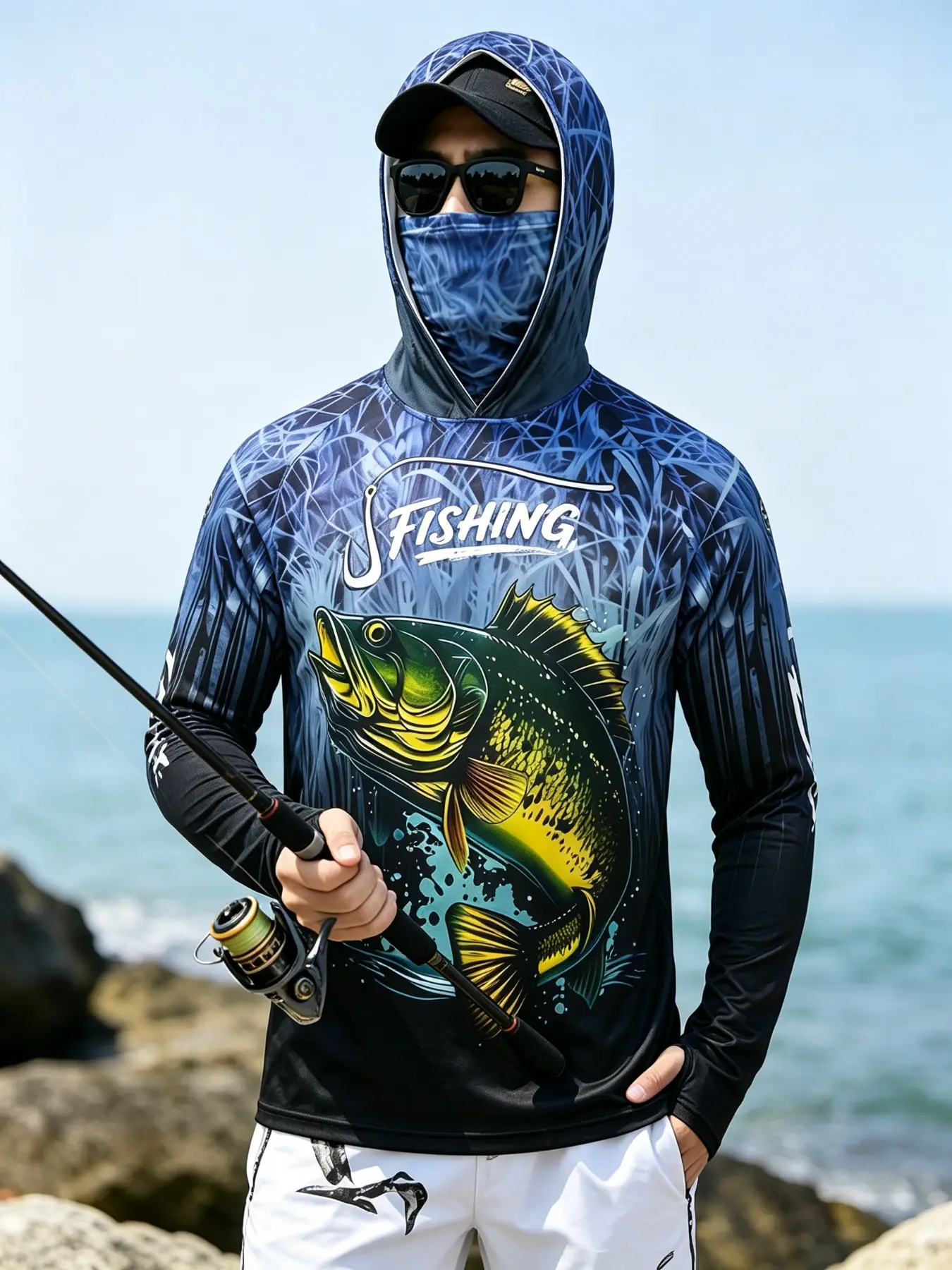 Mens Saltwater Offshore Fishing Jersey ，Men Hooded Long Sleeve Fishing Shirt With Attached Face Cover Bass Fish Print High Stretch Quick Dry Moisture Wicking Breathable Thumb Hole Outdoor Saltwater Offshore Fishing Jersey