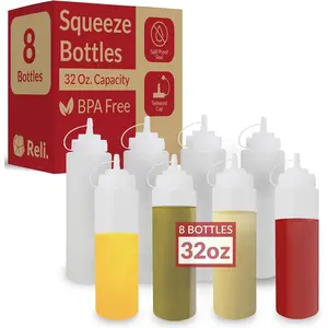 Plastic Squeeze Bottles 32 oz 8 Pack Condiment Squeeze Bottles for Sauces Clear with Tethered Caps 32 Ounce for Hot Sauce Ketchup Olive Oil Condiments Liquids