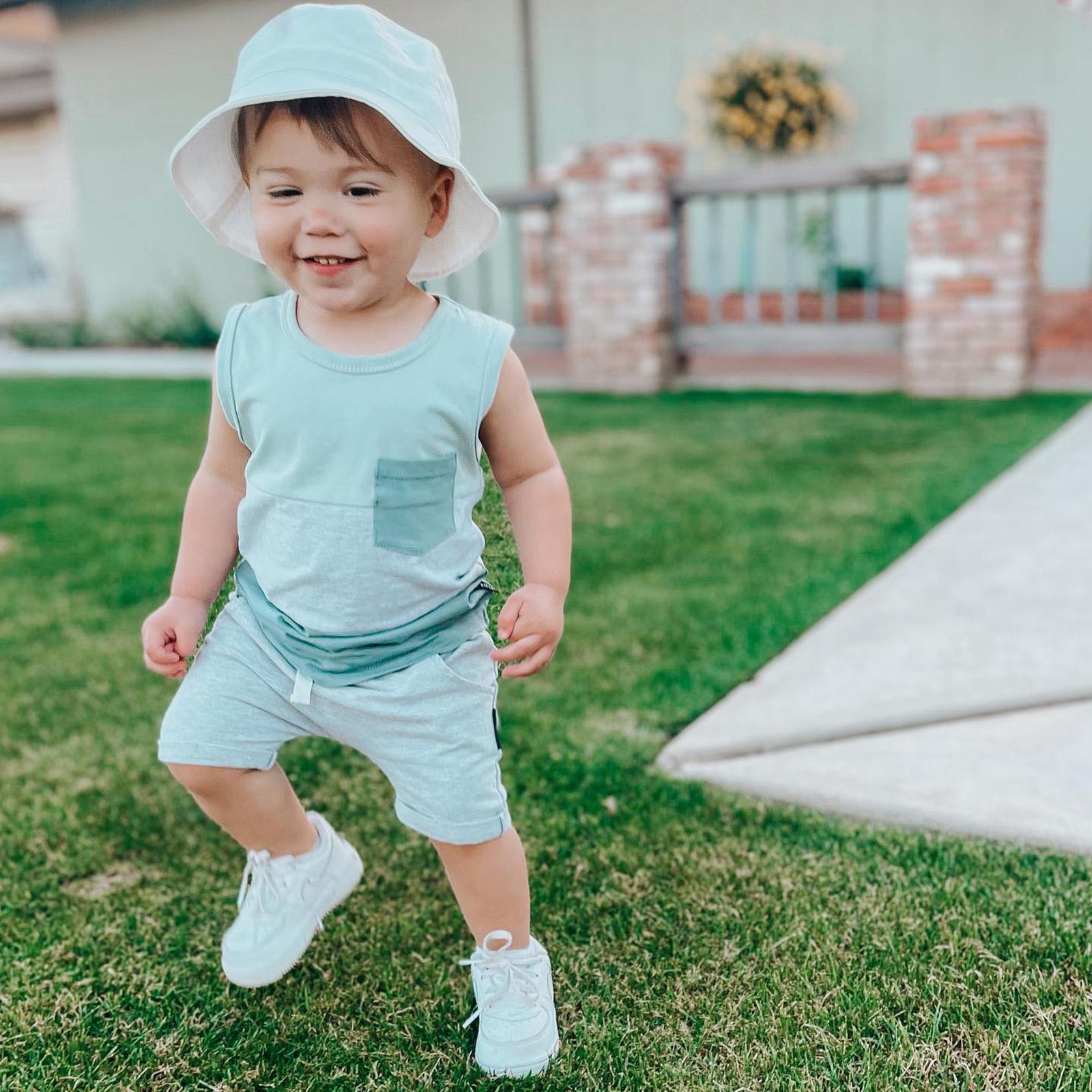 Toddler Baby Boy Summer Suit Waffle Knit Sleeveless Patchwork Crew Tank Tops White Straps Short Pants Beach Outfits Summer Clothes