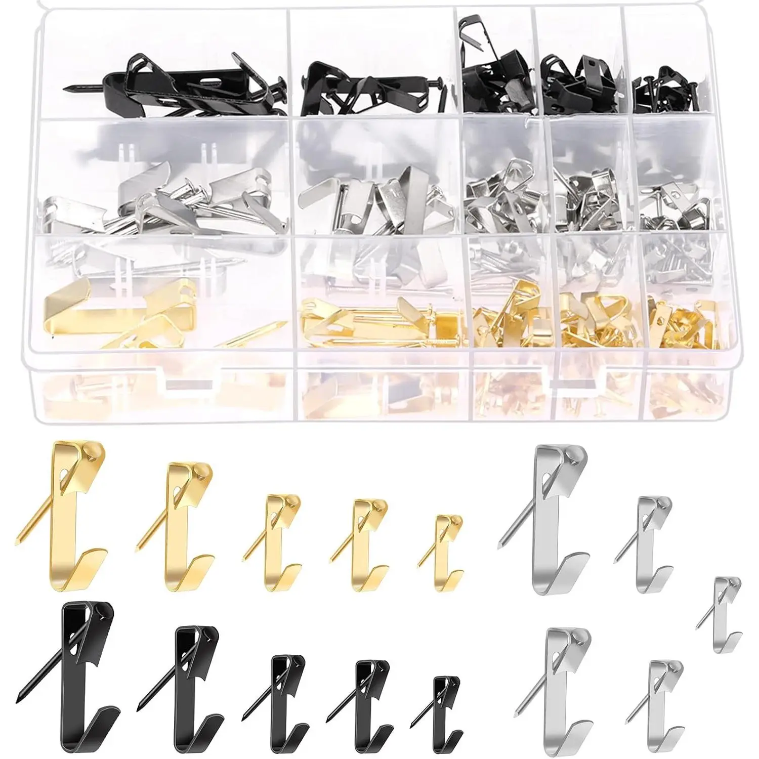 120 count 5 Sizes 10lb/20lb/30lb/50lb/100lb Picture Hangers with Nails  Kit, Metal Picture  Hooks, Heavy Duty Frame Picture Hooks, Picture  Hardware for Drywall Wooden Wall