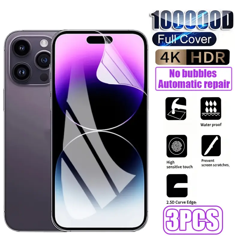 3pcs (hydrogel high-definition) suitable for iPhone 17 Pro Max/17 Pro/17 Air/17/16 Pro Max/16 Pro/16 Plus/16/15 Pro Max/15/14/13/12 and other models, high-definition flexible hydrogel film, flexible hydrogel material, thin and does not interfere with the