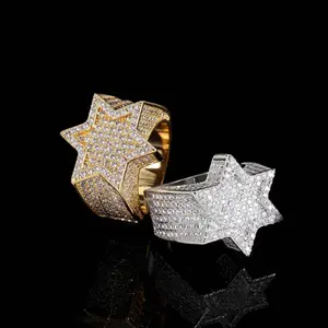 European and American hip-hop micro-inlaid zircon six-pointed star men's ring, real gold plated, personalized exaggerated hip-hop ring, custom-made