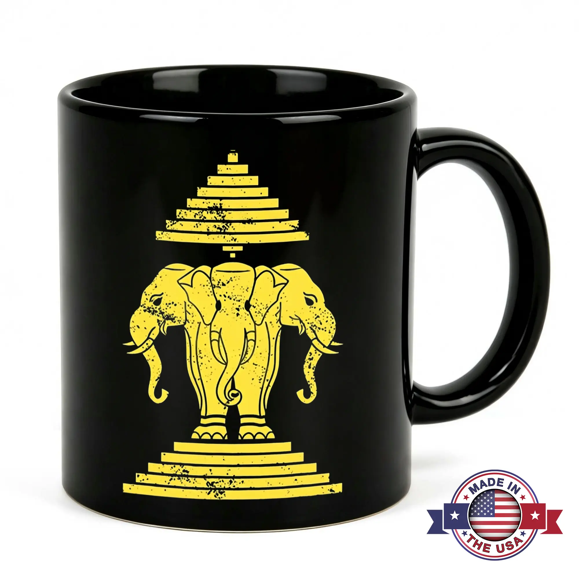 Erawan Three Headed Elephant Coffee Mug 11oz Black Ceramic Thai Mythology Cup Hindu God Airavata Spiritual Art Novelty Gift for Yoga Practitioner Meditation Enthusiast Men Women Eastern Philosophy Healing Energy Desk Decor Cultural Souvenir Drinkware